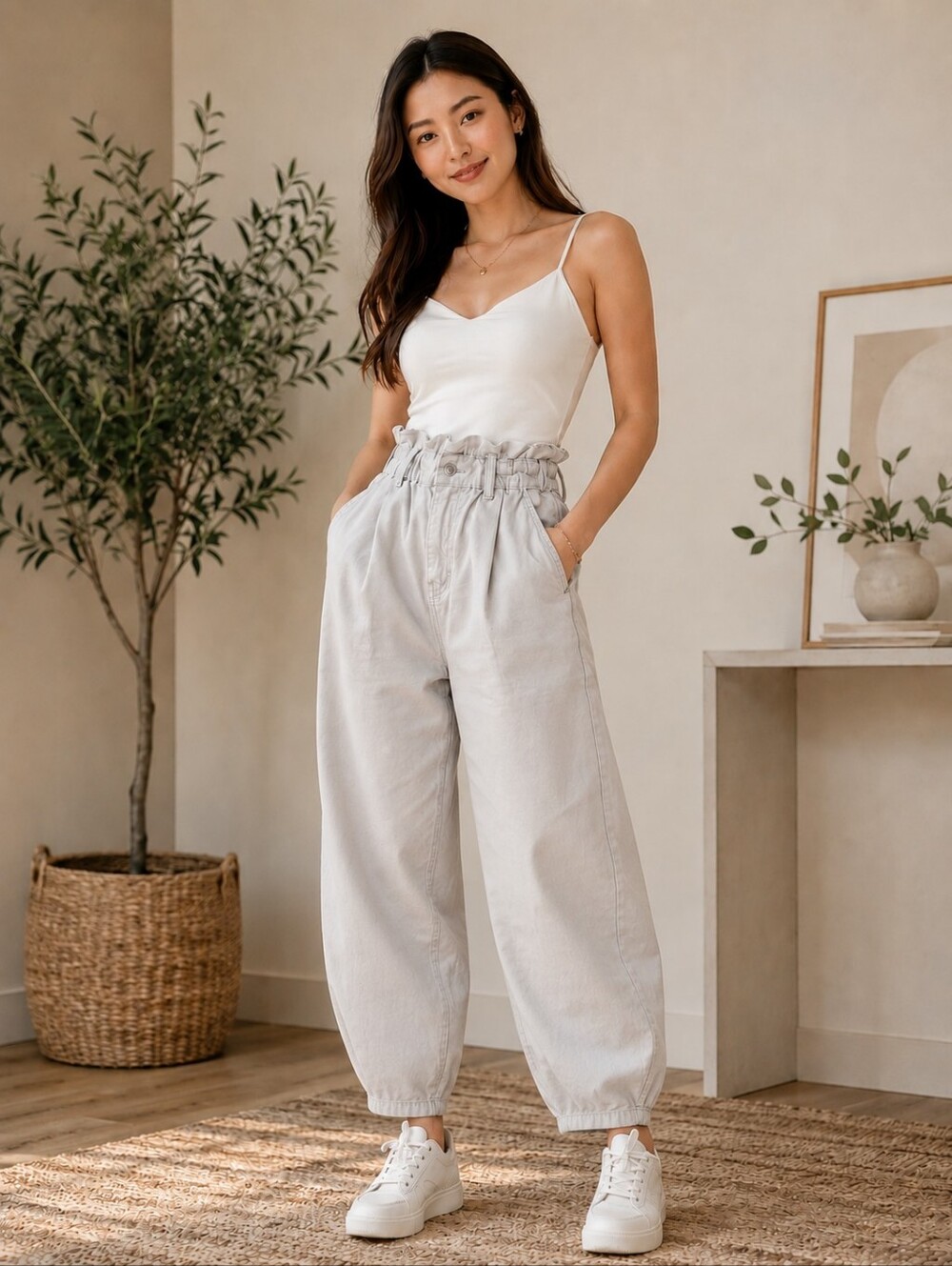 ZARA IVORY PAPERBAG BARREL  Elastic-Waist Casual Pants